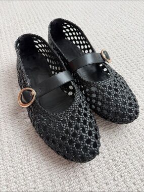 Stuart Weitzman Black Woven Mary Jane Flats with Gold Buckle Accent